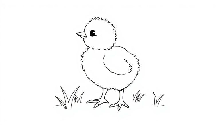 Schwarz-Weiß-Farbtafel eines flauschigen Kükens im Gras.