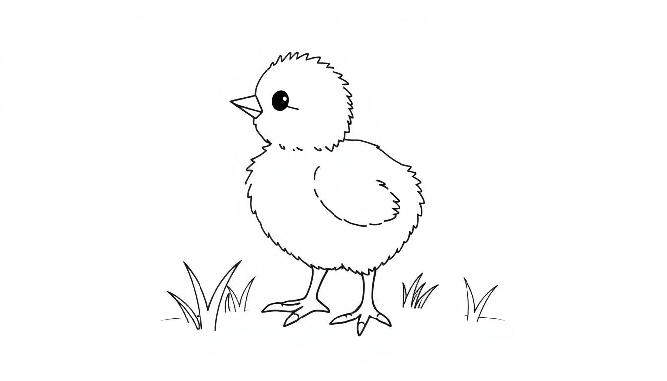 Schwarz-Weiß-Farbtafel eines flauschigen Kükens im Gras.
