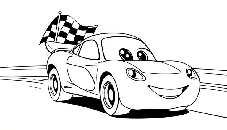 Schwarz-weiße Farbtafel eines lächelnden Cartoon-Autos mit großen Augen und einer Zielflagge auf der Rückseite, bereit für das Rennen.