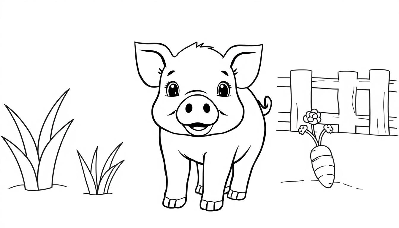 Schwarz-weiße Farbtafel-Zeichnung eines niedlichen Schweins mit großen Augen und einem geringelten Schwanz auf einem Bauernhof, mit hohem Gras und einem Zaun mit Karotte und Blumen.