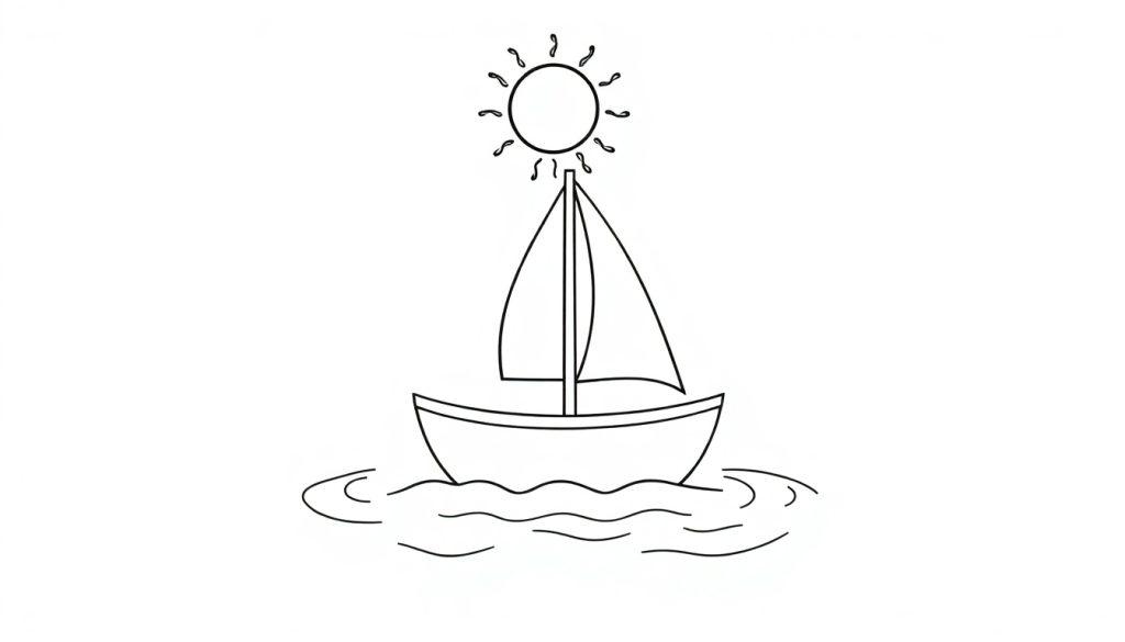 Eine einfache Schwarz-Weiß-Farbtafel eines Segelboots mit zwei Segeln auf welligem Wasser unter einer Sonne mit gekrümmten Strahlen.