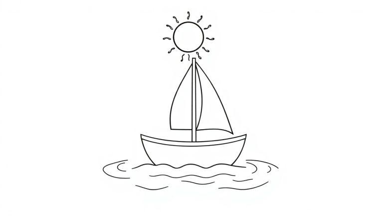 Eine einfache Schwarz-Weiß-Farbtafel eines Segelboots mit zwei Segeln auf welligem Wasser unter einer Sonne mit gekrümmten Strahlen.