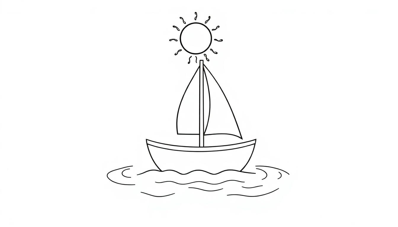 Eine einfache Schwarz-Weiß-Farbtafel eines Segelboots mit zwei Segeln auf welligem Wasser unter einer Sonne mit gekrümmten Strahlen.