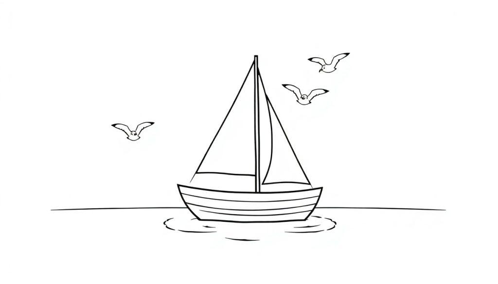 Ein schwarz-weißes Bild eines Segelboots mit drei Möwen, das zum Ausmalen als Farbtafel bereit ist.