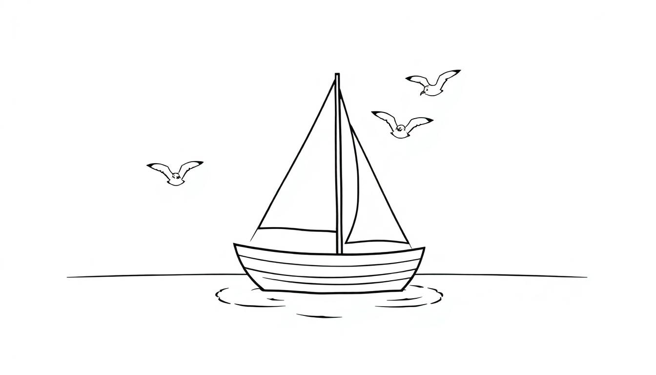 Ein schwarz-weißes Bild eines Segelboots mit drei Möwen, das zum Ausmalen als Farbtafel bereit ist.