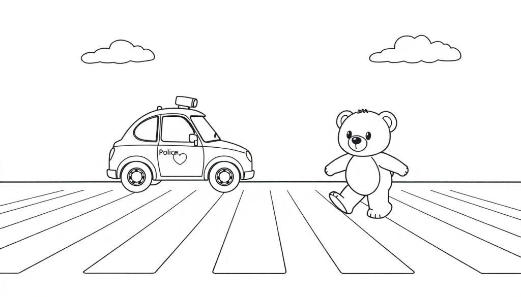 Schwarz-Weiß-Farbtafel-Zeichnung eines Teddybären, der mit einem Polizeiauto auf einem Zebrastreifen winkt.