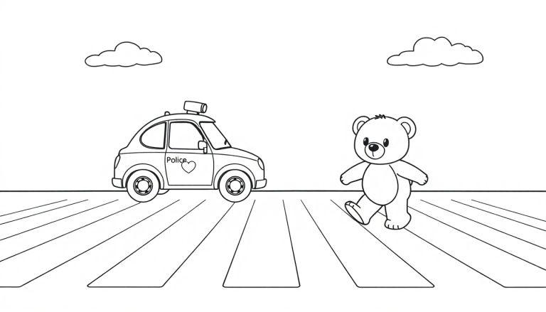 Schwarz-Weiß-Farbtafel-Zeichnung eines Teddybären, der mit einem Polizeiauto auf einem Zebrastreifen winkt.