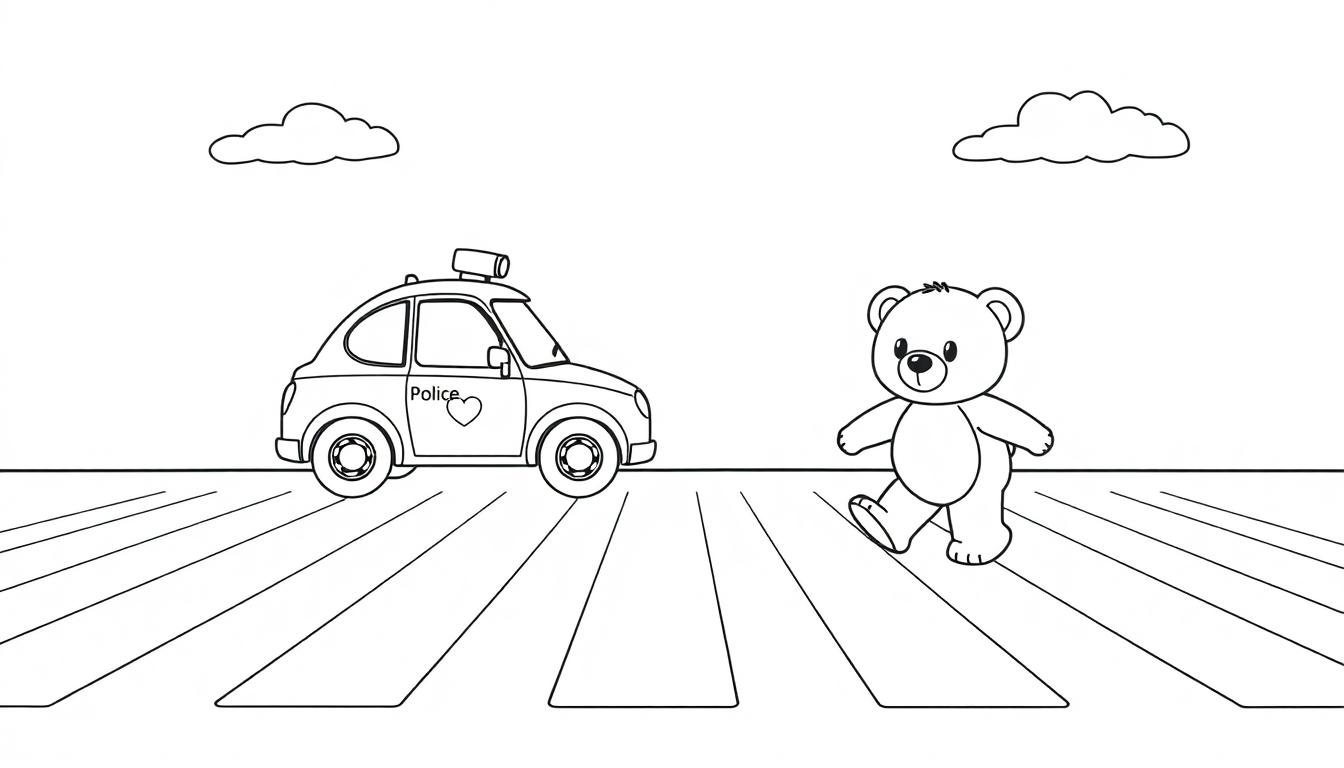 Schwarz-Weiß-Farbtafel-Zeichnung eines Teddybären, der mit einem Polizeiauto auf einem Zebrastreifen winkt.