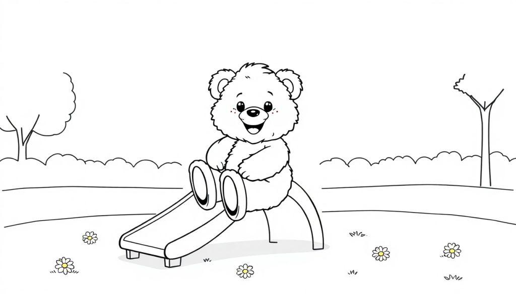 Schwarz-weiße Farbtafel eines Teddybären, der fröhlich auf einer Parkrutsche spielt.