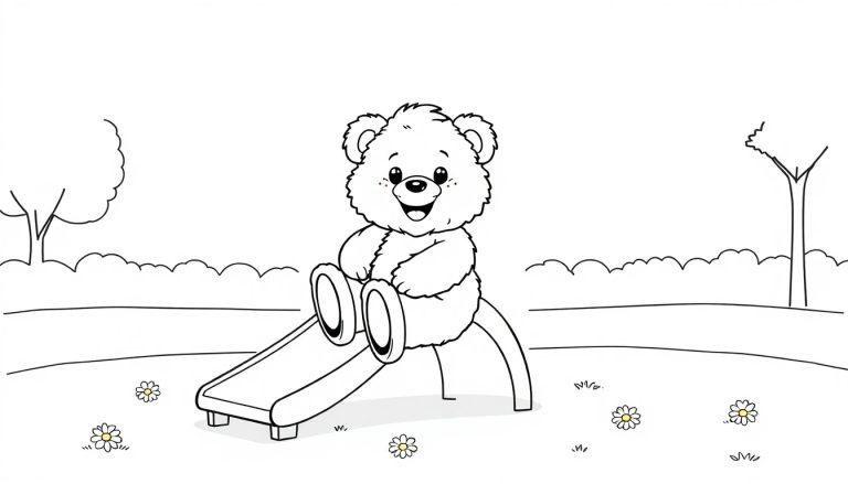Schwarz-weiße Farbtafel eines Teddybären, der fröhlich auf einer Parkrutsche spielt.