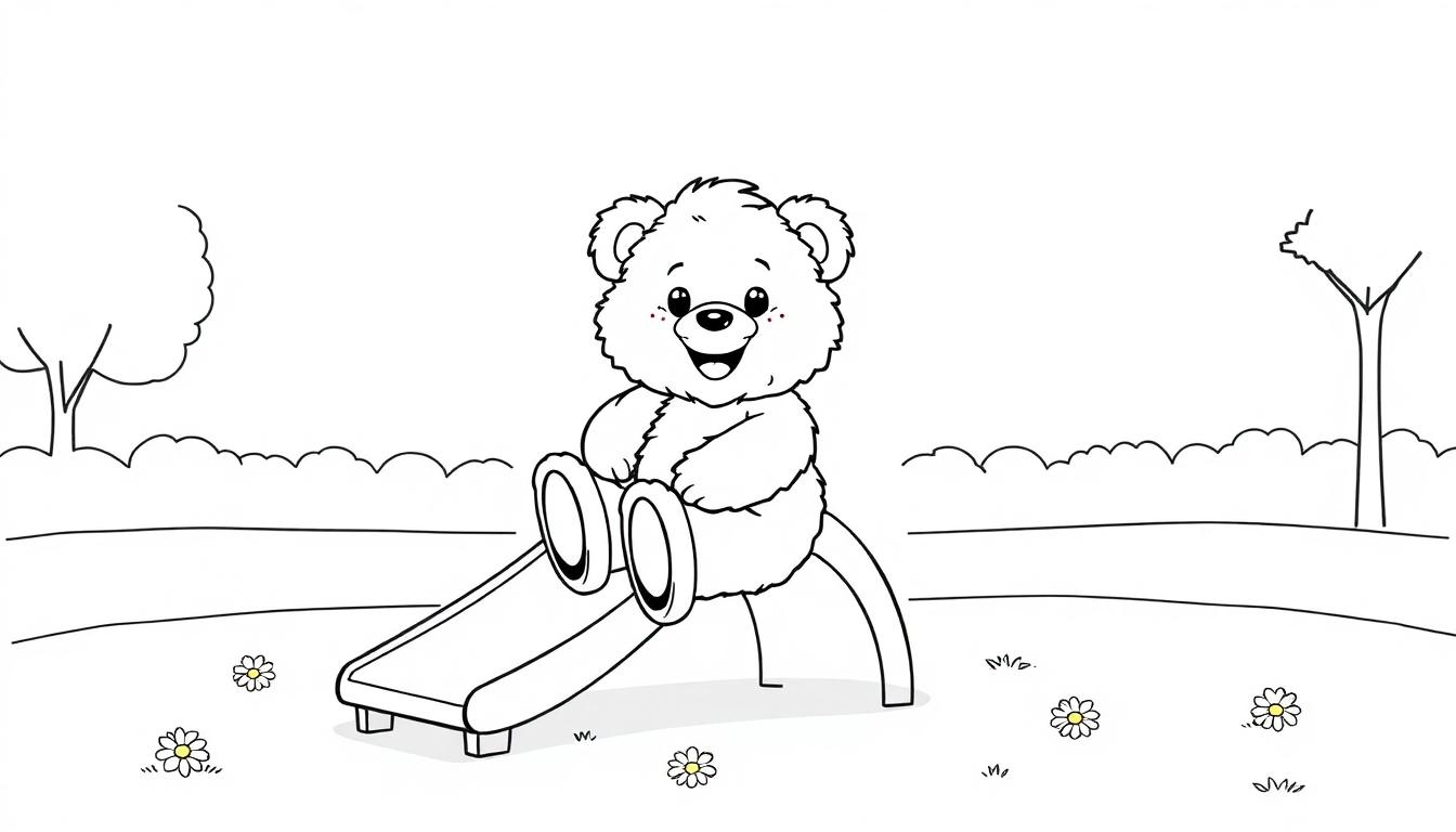 Schwarz-weiße Farbtafel eines Teddybären, der fröhlich auf einer Parkrutsche spielt.