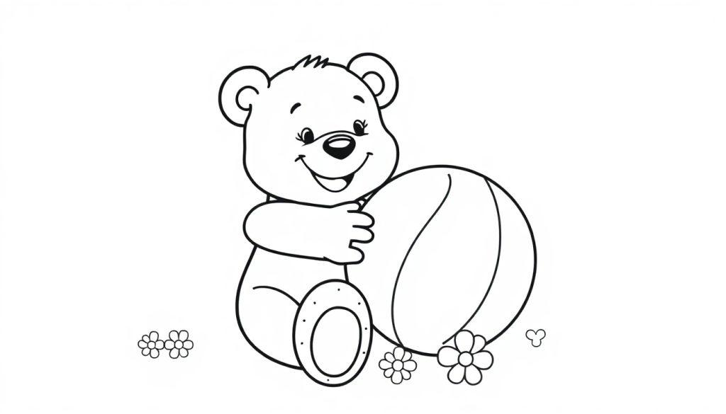 Eine Schwarz-Weiß-Farbtafel eines lächelnden Cartoon-Teddybären, der einen Ball umarmt, mit Blumen und einem Kleeblatt.