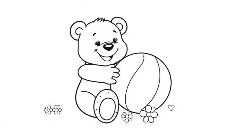 Eine Schwarz-Weiß-Farbtafel eines lächelnden Cartoon-Teddybären, der einen Ball umarmt, mit Blumen und einem Kleeblatt.