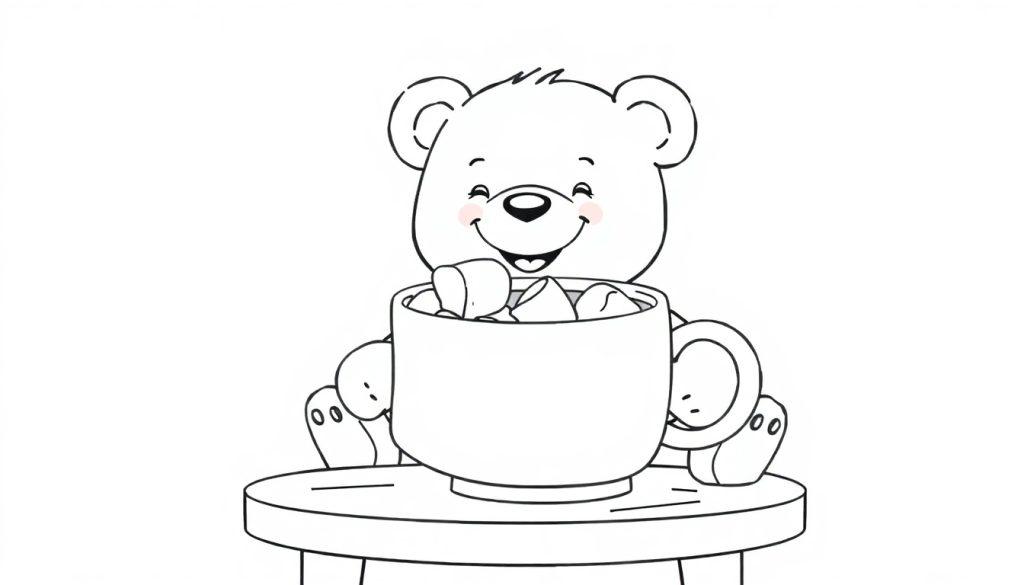Eine schwarz-weiße Farbtafel-Illustration eines glücklichen Teddybären, der eine große Tasse mit Marshmallows umarmt.