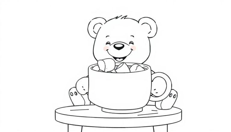 Eine schwarz-weiße Farbtafel-Illustration eines glücklichen Teddybären, der eine große Tasse mit Marshmallows umarmt.