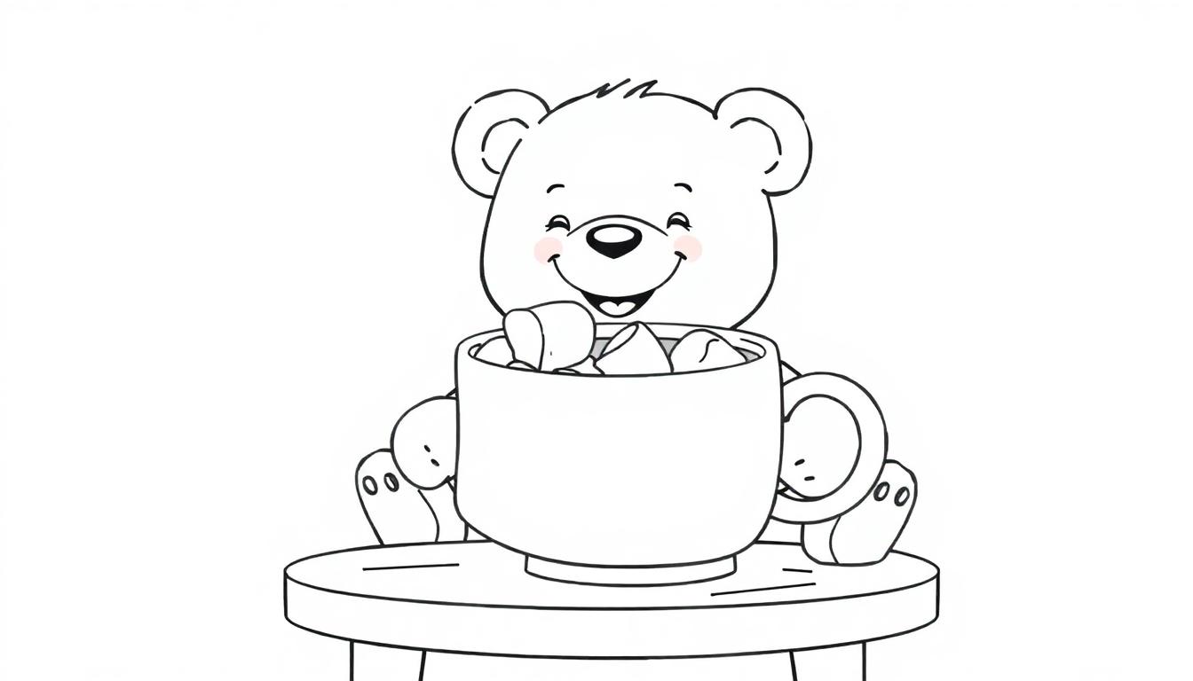 Eine schwarz-weiße Farbtafel-Illustration eines glücklichen Teddybären, der eine große Tasse mit Marshmallows umarmt.