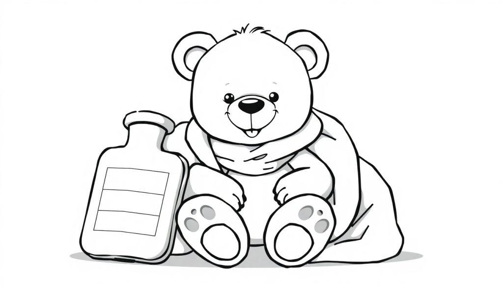 Schwarz-Weiß-Farbtafel eines niedlichen Teddybären, der mit einer Wärmflasche und einer Decke sitzt und lächelt.