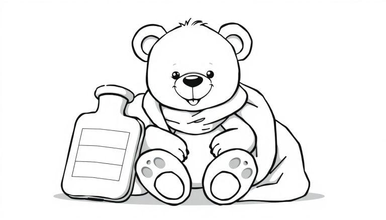 Schwarz-Weiß-Farbtafel eines niedlichen Teddybären, der mit einer Wärmflasche und einer Decke sitzt und lächelt.