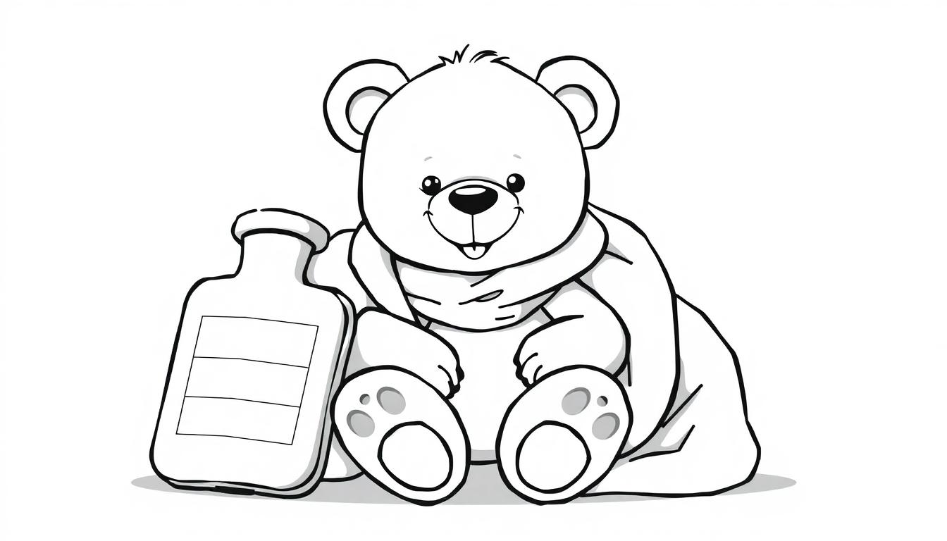 Schwarz-Weiß-Farbtafel eines niedlichen Teddybären, der mit einer Wärmflasche und einer Decke sitzt und lächelt.