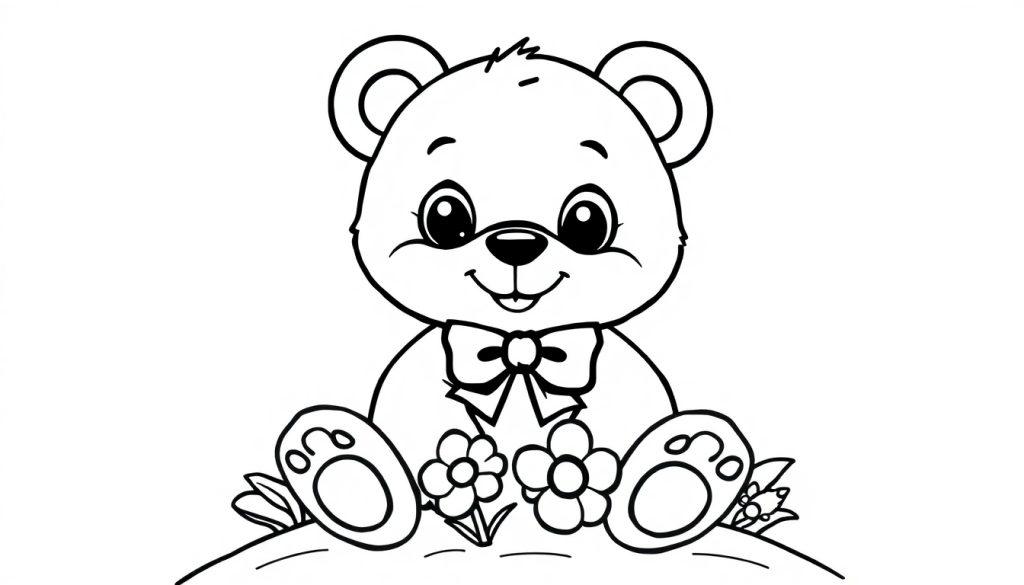 Schwarz-weiße Farbtafel eines freundlichen Teddybären mit großen Augen und einer Fliege.