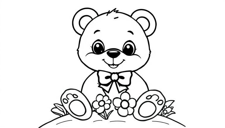 Schwarz-weiße Farbtafel eines freundlichen Teddybären mit großen Augen und einer Fliege.