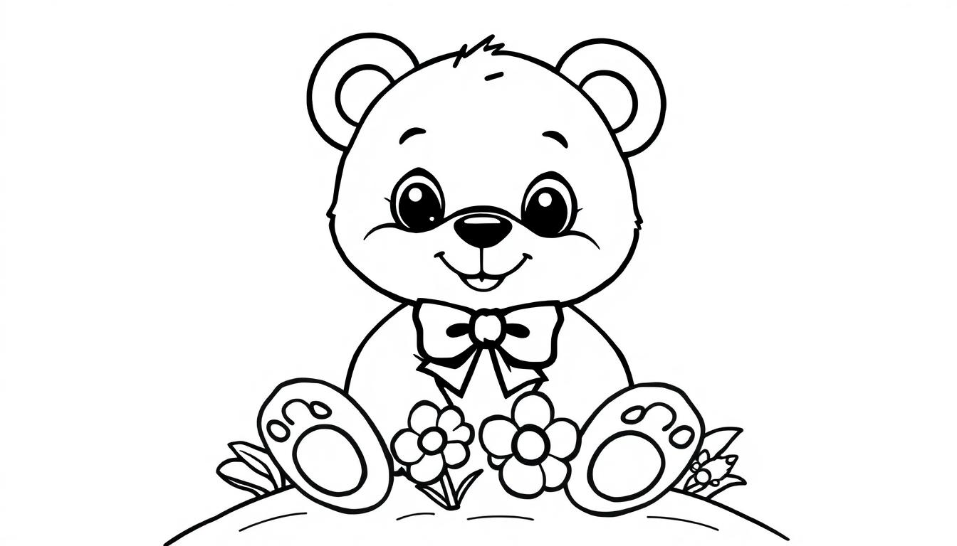 Schwarz-weiße Farbtafel eines freundlichen Teddybären mit großen Augen und einer Fliege.