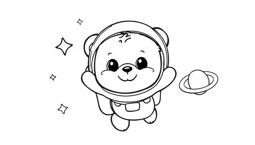 Schwarz-Weiß-Farbtafel eines niedlichen Teddybären im Weltraum, der einen Raumanzug trägt und auf einen Planeten mit Ringen blickt.