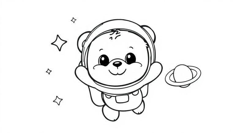 Schwarz-Weiß-Farbtafel eines niedlichen Teddybären im Weltraum, der einen Raumanzug trägt und auf einen Planeten mit Ringen blickt.