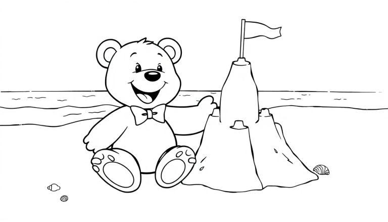 Schwarz-Weiß-Farbtafel eines Teddybären mit Fliege und einer Sandburg am Strand.