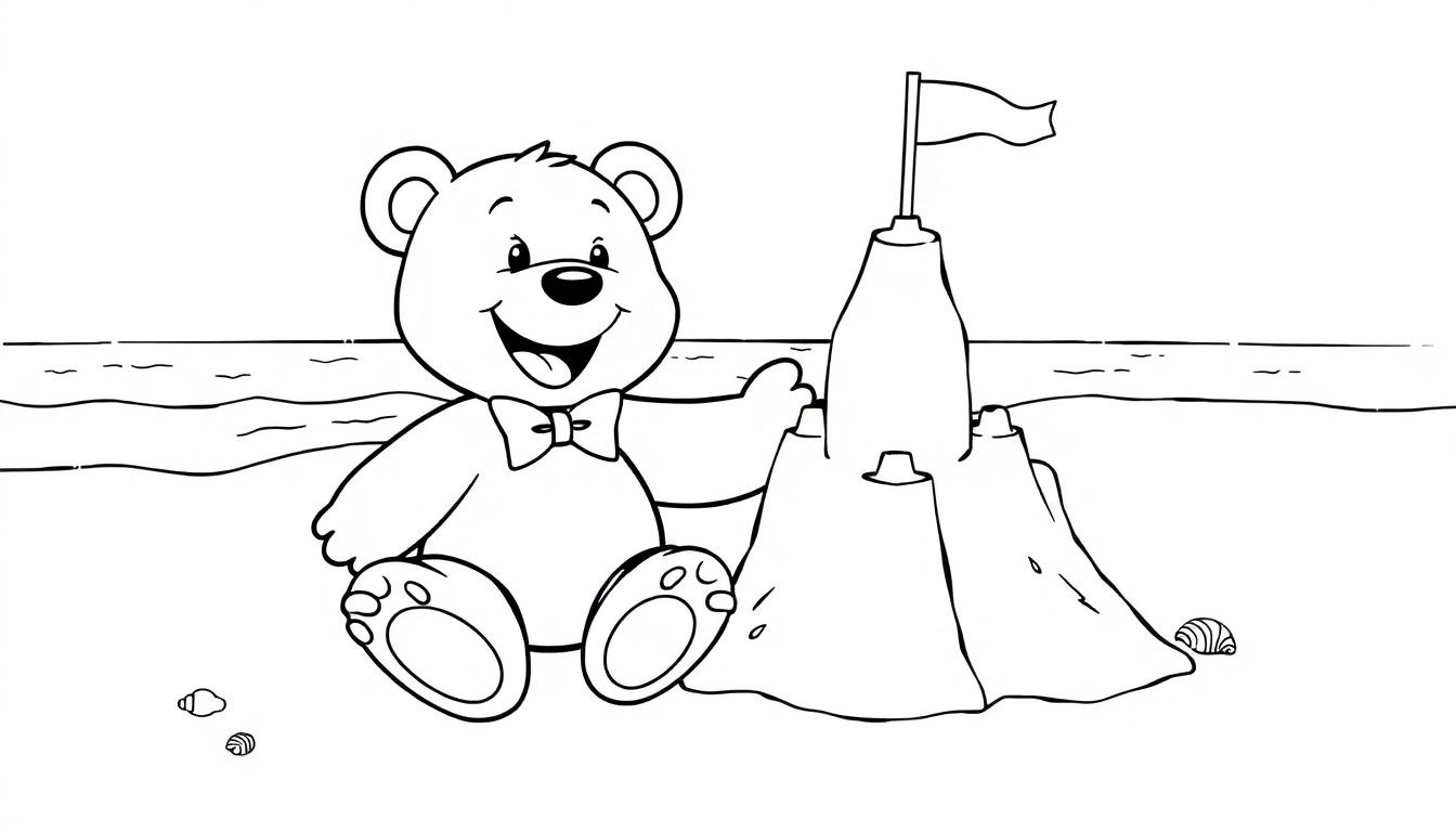 Schwarz-Weiß-Farbtafel eines Teddybären mit Fliege und einer Sandburg am Strand.