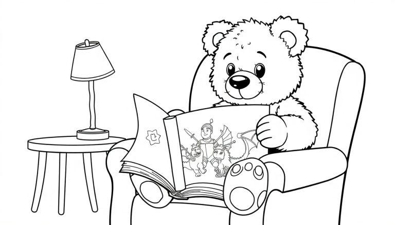 Eine Schwarz-Weiß-Farbtafel eines Teddybären, der in einem Stuhl sitzt und ein Buch mit Rittern und Drachen liest.