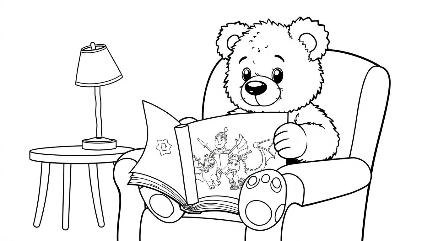 Eine Schwarz-Weiß-Farbtafel eines Teddybären, der in einem Stuhl sitzt und ein Buch mit Rittern und Drachen liest.