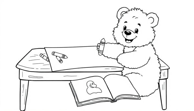 Ein Cartoon-Teddybär mit einem Buntstift, der auf einem Blatt Papier zeichnet, eine Farbtafel.