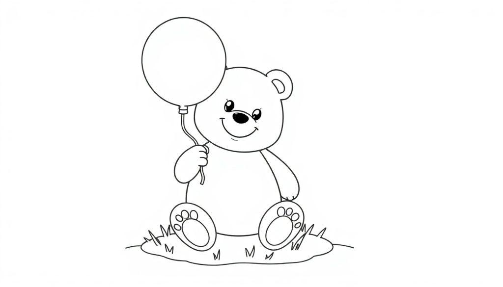 Schwarz-weiße Farbtafel eines lächelnden Teddybären, der auf Gras sitzt und einen Ballon hält.