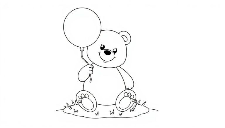 Schwarz-weiße Farbtafel eines lächelnden Teddybären, der auf Gras sitzt und einen Ballon hält.