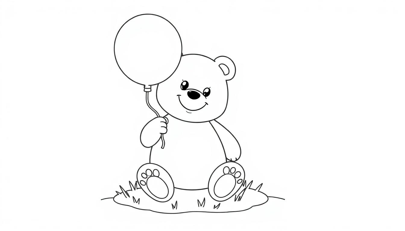 Schwarz-weiße Farbtafel eines lächelnden Teddybären, der auf Gras sitzt und einen Ballon hält.