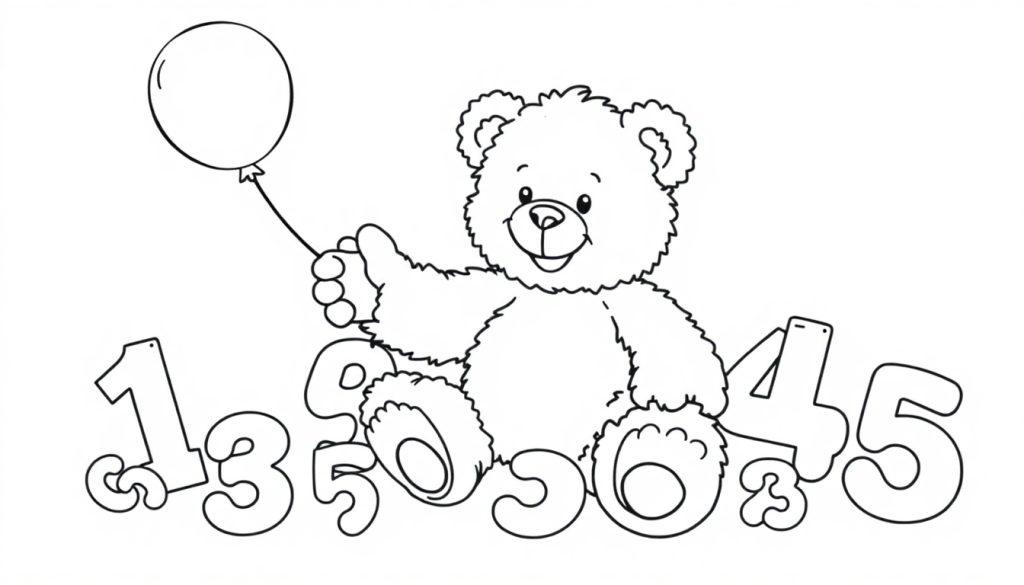 Schwarz-weiß Farbtafel-Zeichnung eines Teddybären, der einen Ballon hält und über den Zahlen 1-5 sitzt.