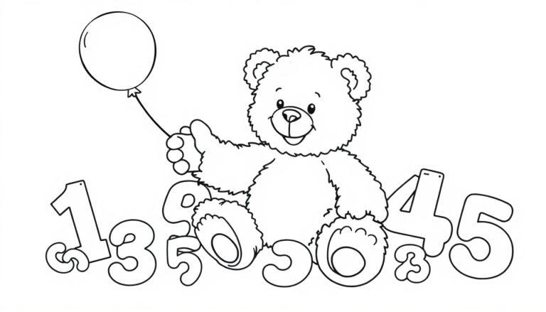 Schwarz-weiß Farbtafel-Zeichnung eines Teddybären, der einen Ballon hält und über den Zahlen 1-5 sitzt.