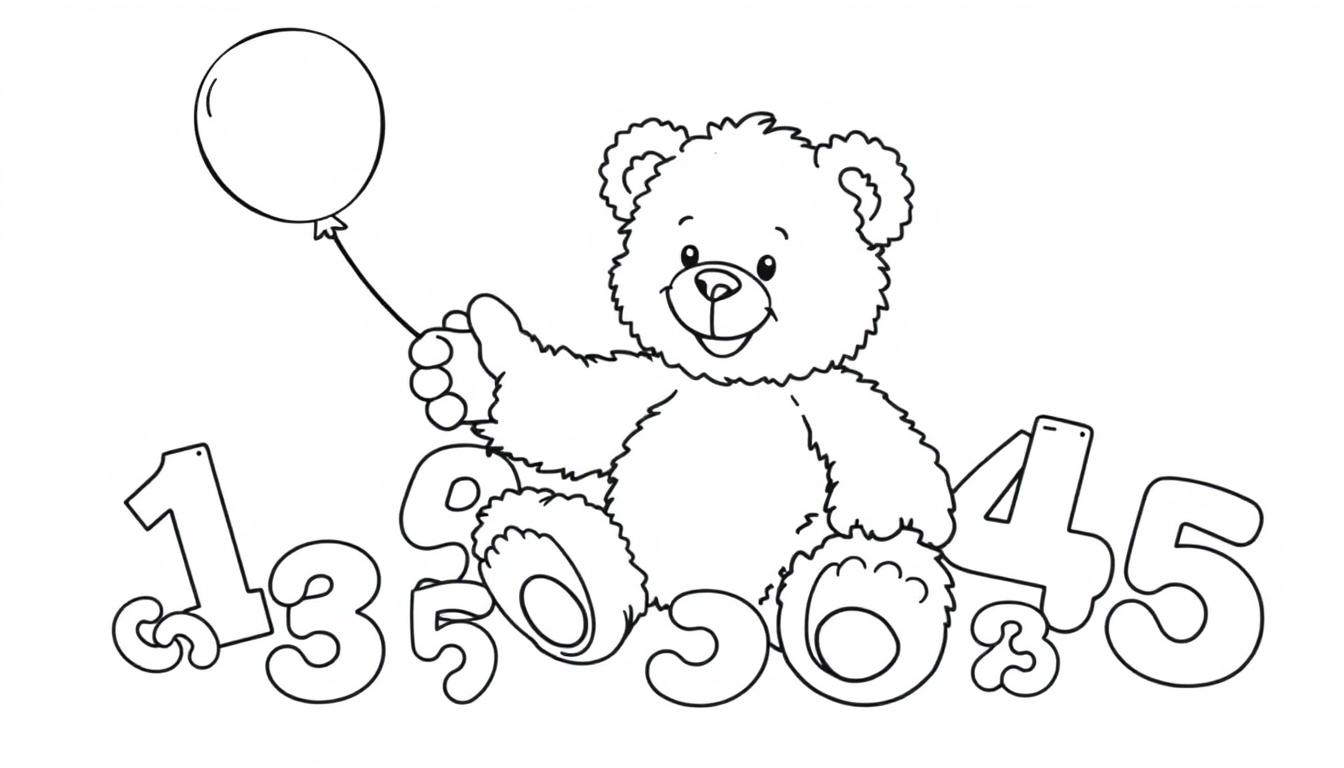 Schwarz-weiß Farbtafel-Zeichnung eines Teddybären, der einen Ballon hält und über den Zahlen 1-5 sitzt.