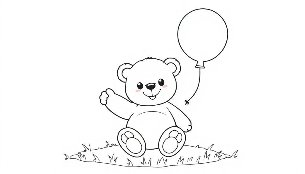 Schwarz-weißer Teddybär mit Daumen hoch, der auf einem Grasbüschel sitzt und einen Ballon hält, eine Farbtafel.