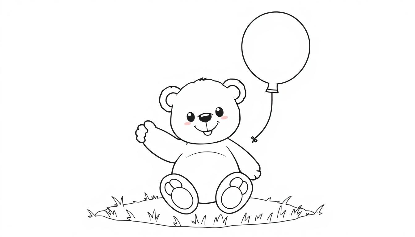 Schwarz-weißer Teddybär mit Daumen hoch, der auf einem Grasbüschel sitzt und einen Ballon hält, eine Farbtafel.
