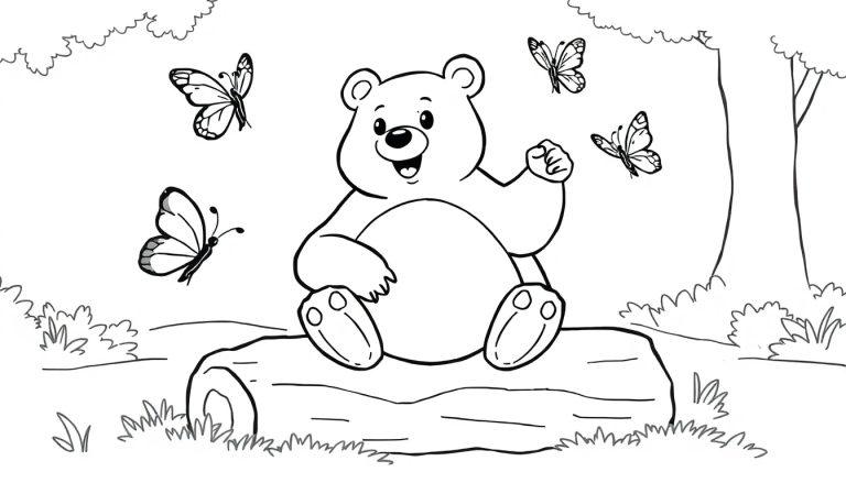 Ein lächelnder Teddybär sitzt auf einem Baumstamm in einem Wald, umgeben von drei Schmetterlingen. Schwarz-Weiß-Farbtafel für Kinder.