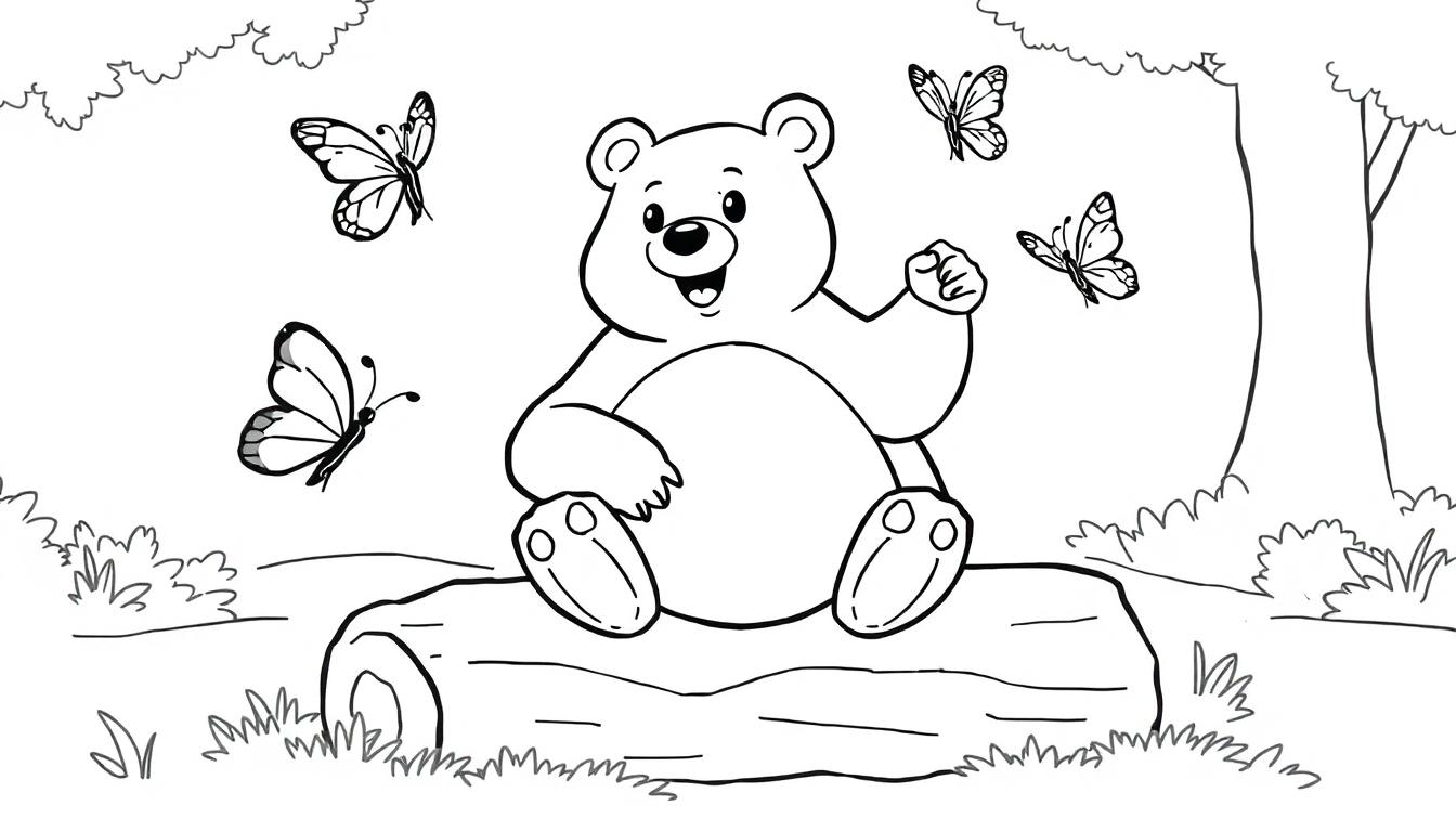 Ein lächelnder Teddybär sitzt auf einem Baumstamm in einem Wald, umgeben von drei Schmetterlingen. Schwarz-Weiß-Farbtafel für Kinder.