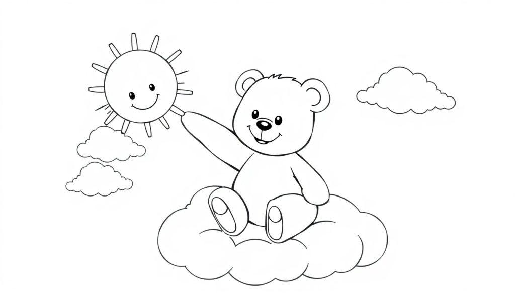 Ein entzückender Teddybär auf einer Wolke, der versucht, die lächelnde Sonne zu berühren – eine Farbtafel zum Ausmalen.