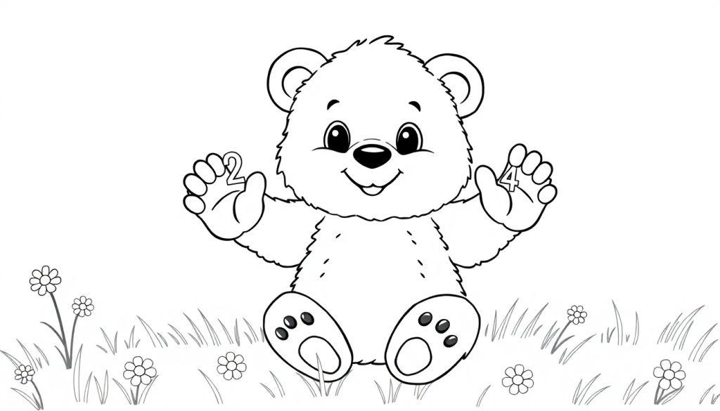 Schwarz-weiße Farbtafel eines lächelnden Teddybären, der in einer Wiese sitzt und die Zahlen 2 und 4 hält.