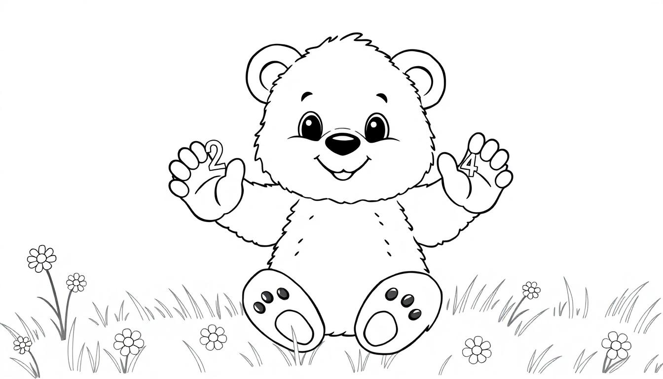 Schwarz-weiße Farbtafel eines lächelnden Teddybären, der in einer Wiese sitzt und die Zahlen 2 und 4 hält.