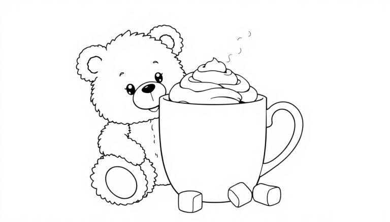 Eine Schwarz-Weiß-Farbtafel eines Teddybären, der eine heiße Schokolade genießt.