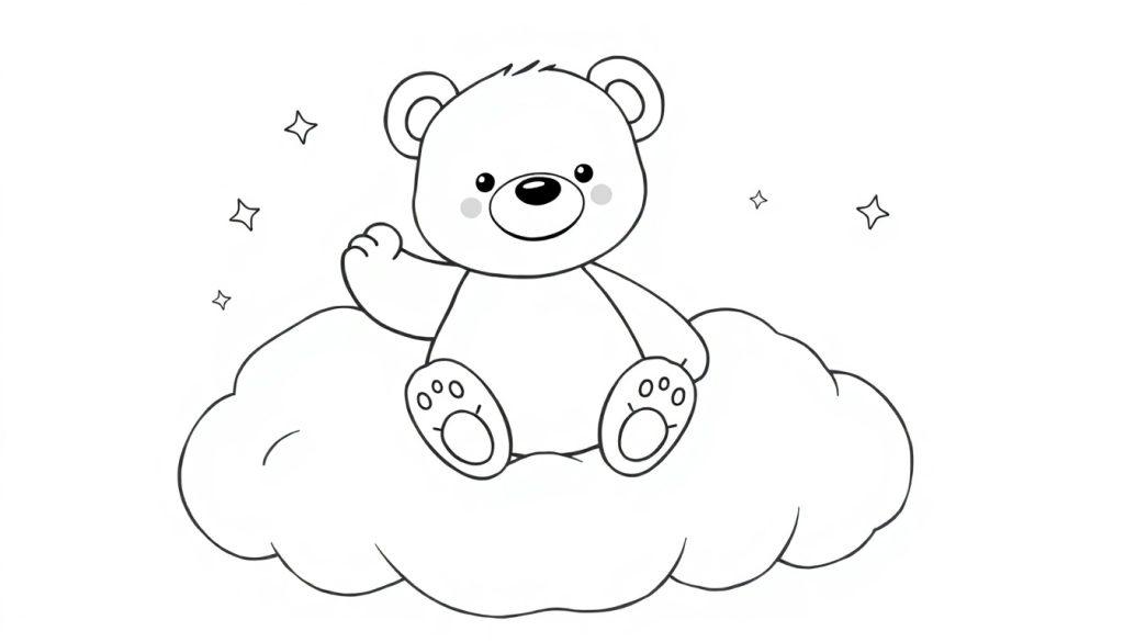 Eine Schwarz-Weiß-Farbtafel eines Teddybären, der auf einer Wolke winkt.