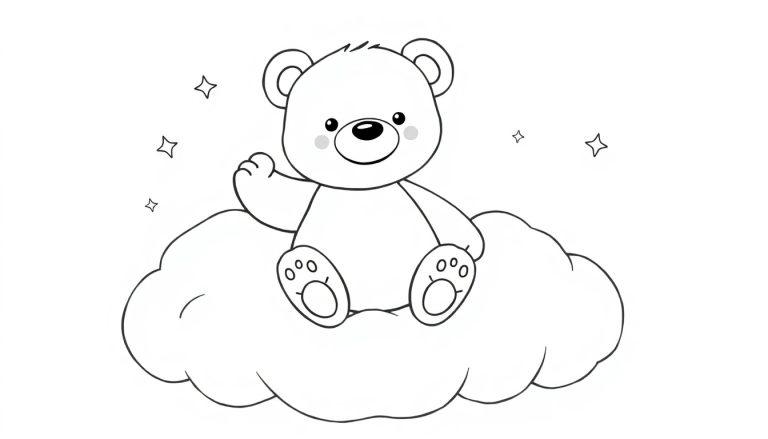 Eine Schwarz-Weiß-Farbtafel eines Teddybären, der auf einer Wolke winkt.