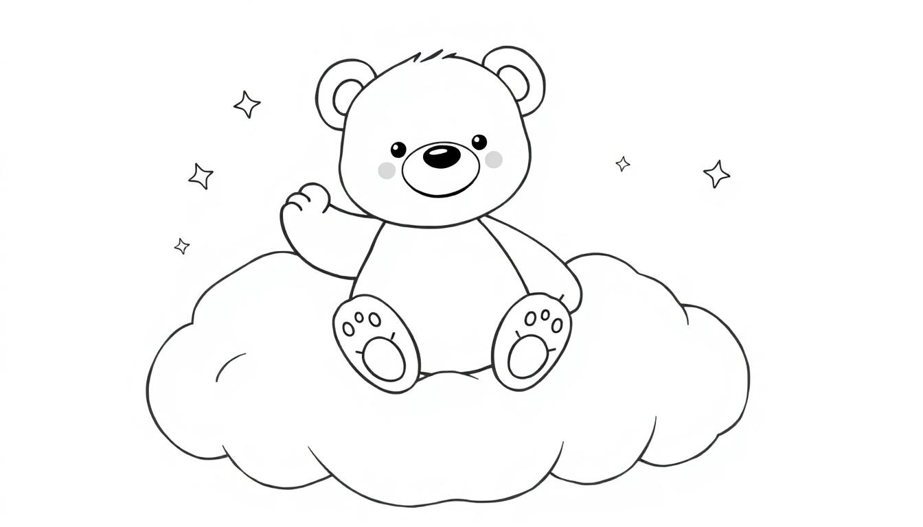 Eine Schwarz-Weiß-Farbtafel eines Teddybären, der auf einer Wolke winkt.